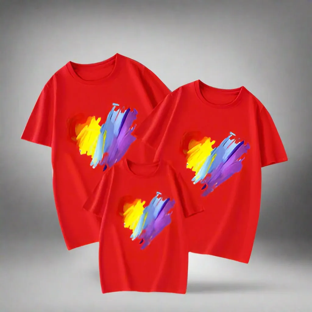Family Matching T-Shirt Set with Colorful Heart Brushstroke Design