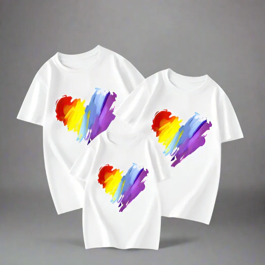 Family Matching T-Shirt Set with Colorful Heart Brushstroke Design