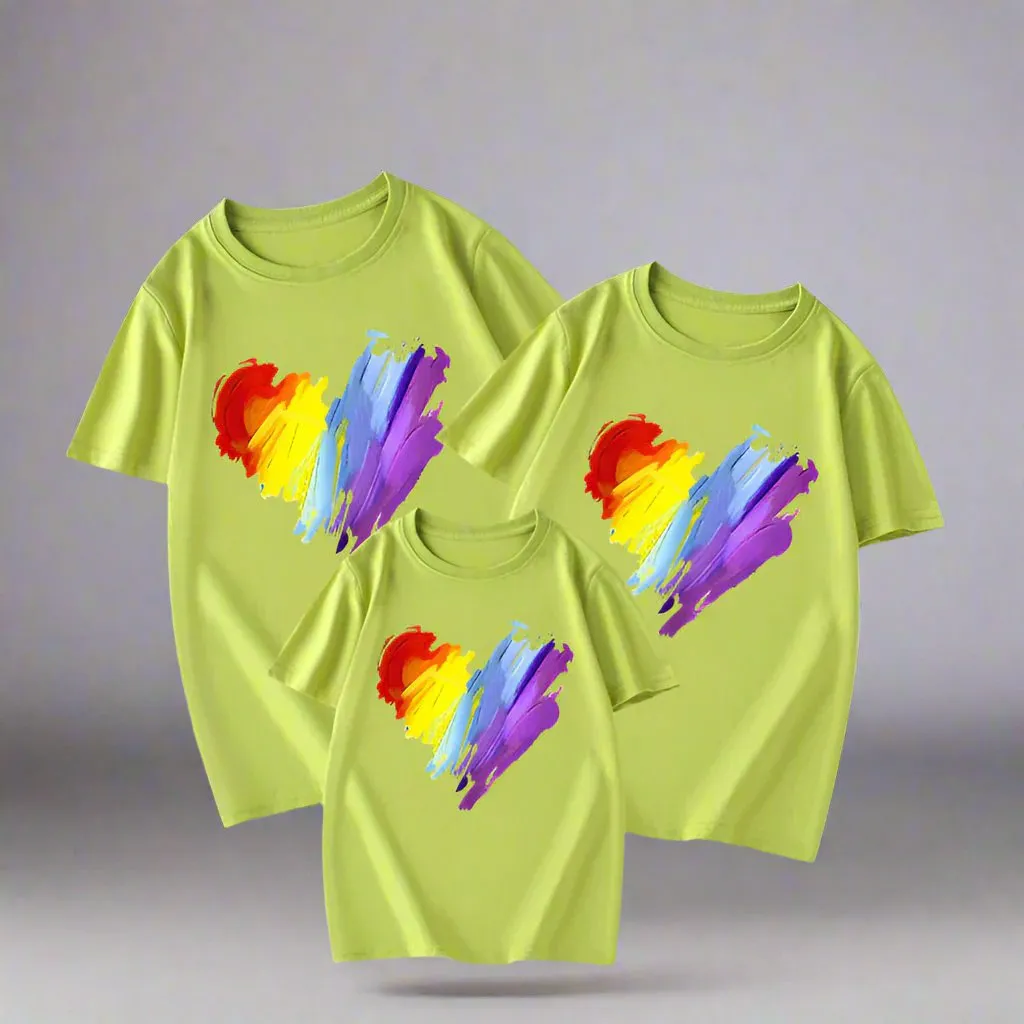Family Matching T-Shirt Set with Colorful Heart Brushstroke Design