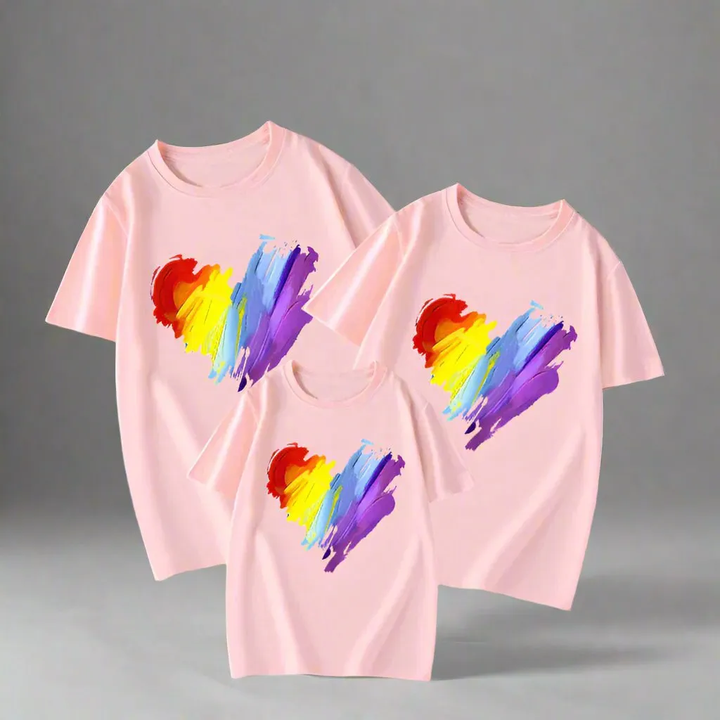Family Matching T-Shirt Set with Colorful Heart Brushstroke Design