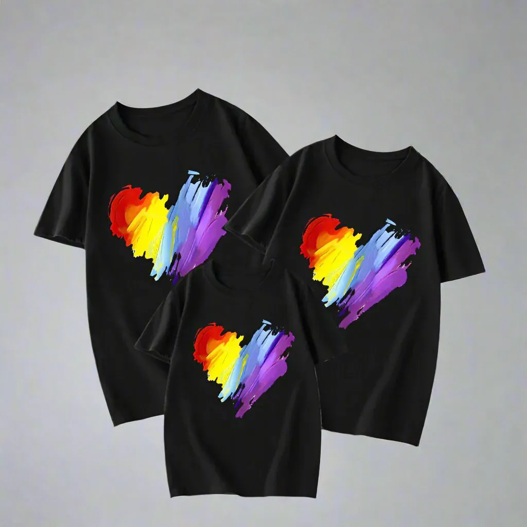 Family Matching T-Shirt Set with Colorful Heart Brushstroke Design