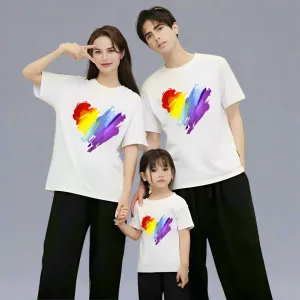 Family Matching T-Shirt Set with Colorful Heart Brushstroke Design