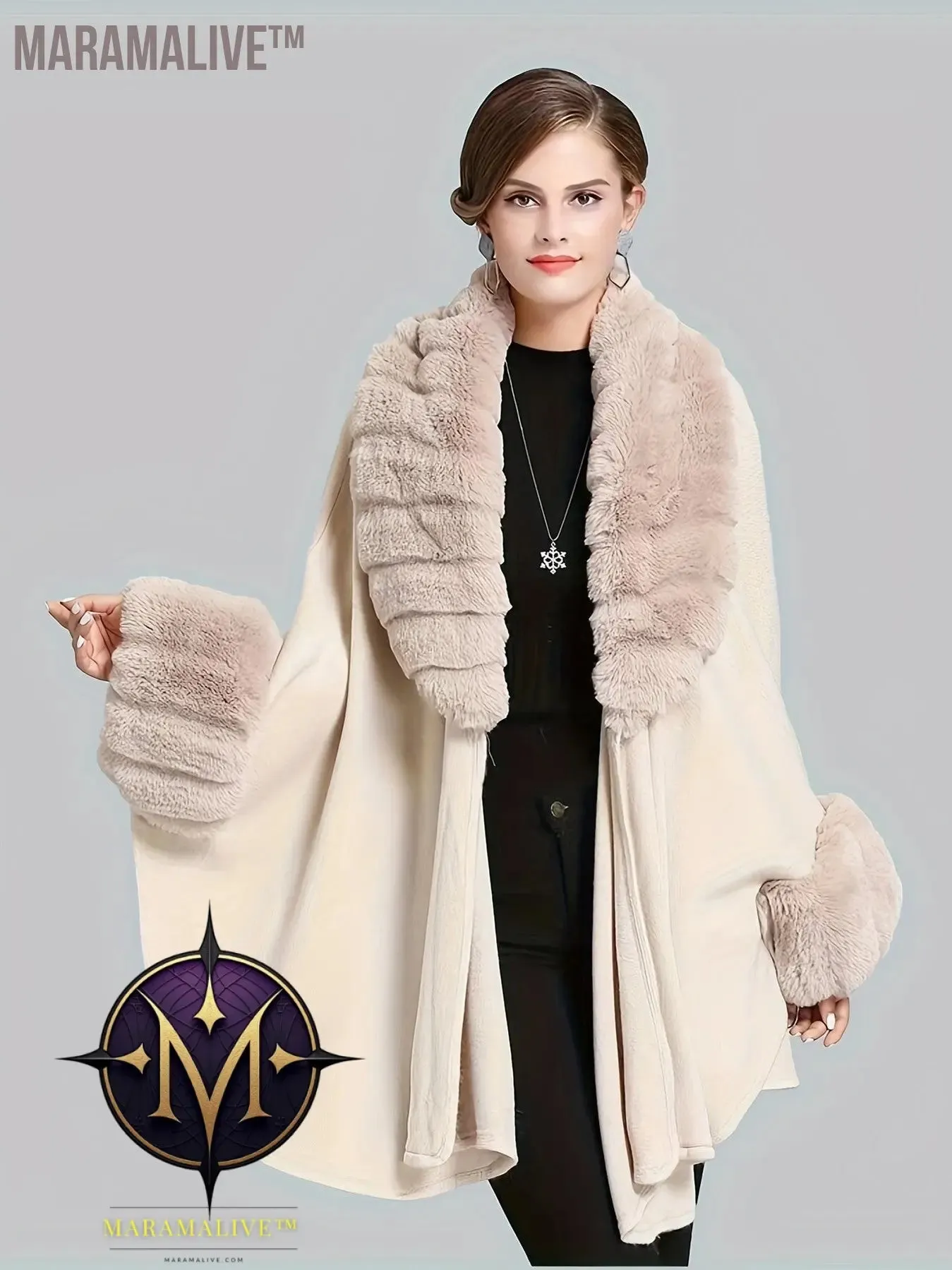 Faux Fur Trim Open Front Coat, Elegant Batwing Sleeve Cape For Fall & Winter, Women's Clothing