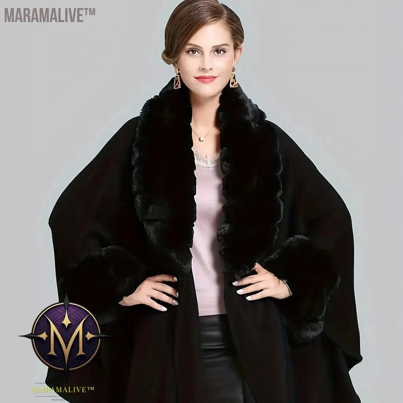 Faux Fur Trim Open Front Coat, Elegant Batwing Sleeve Cape For Fall & Winter, Women's Clothing