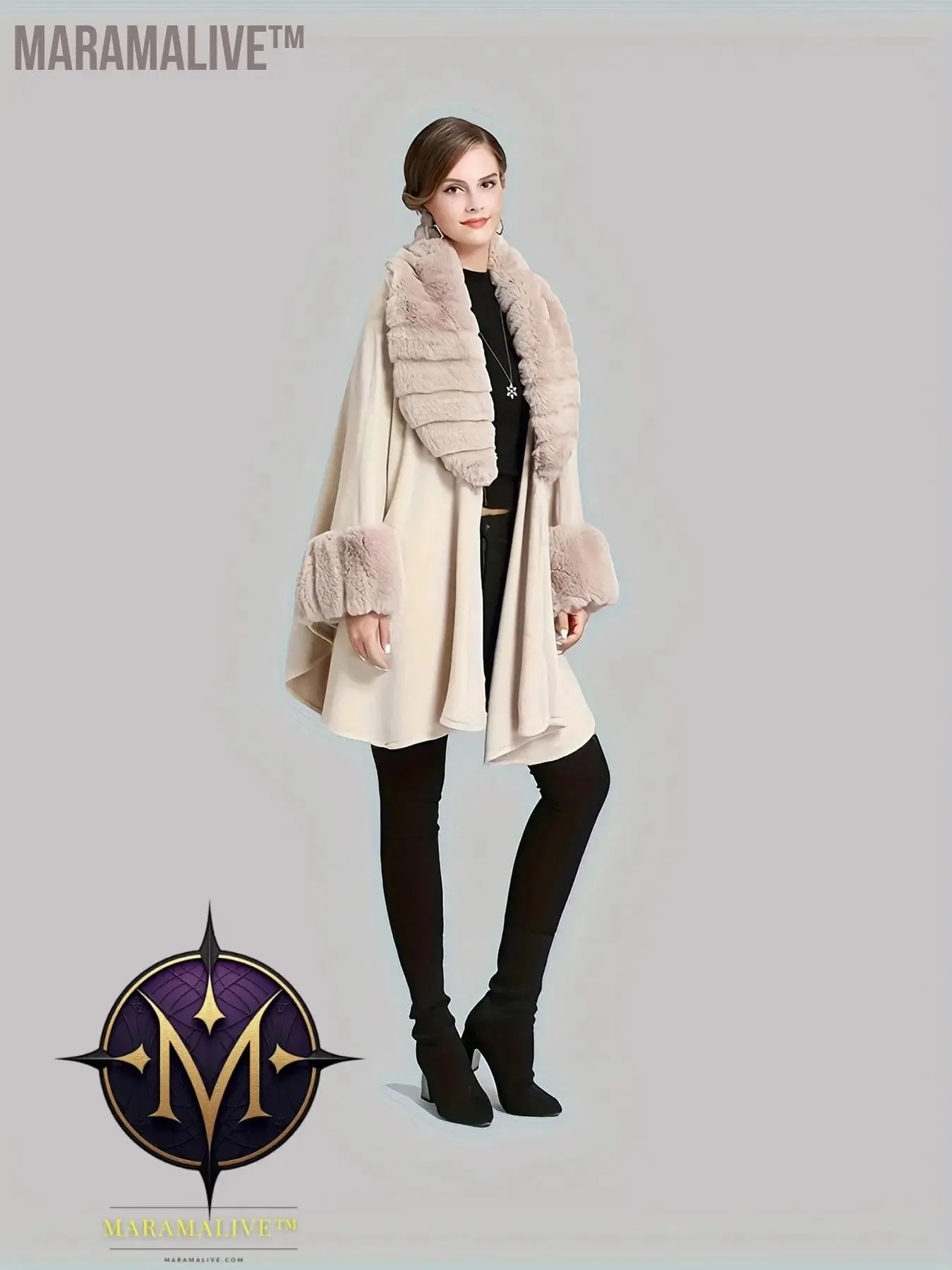 Faux Fur Trim Open Front Coat, Elegant Batwing Sleeve Cape For Fall & Winter, Women's Clothing