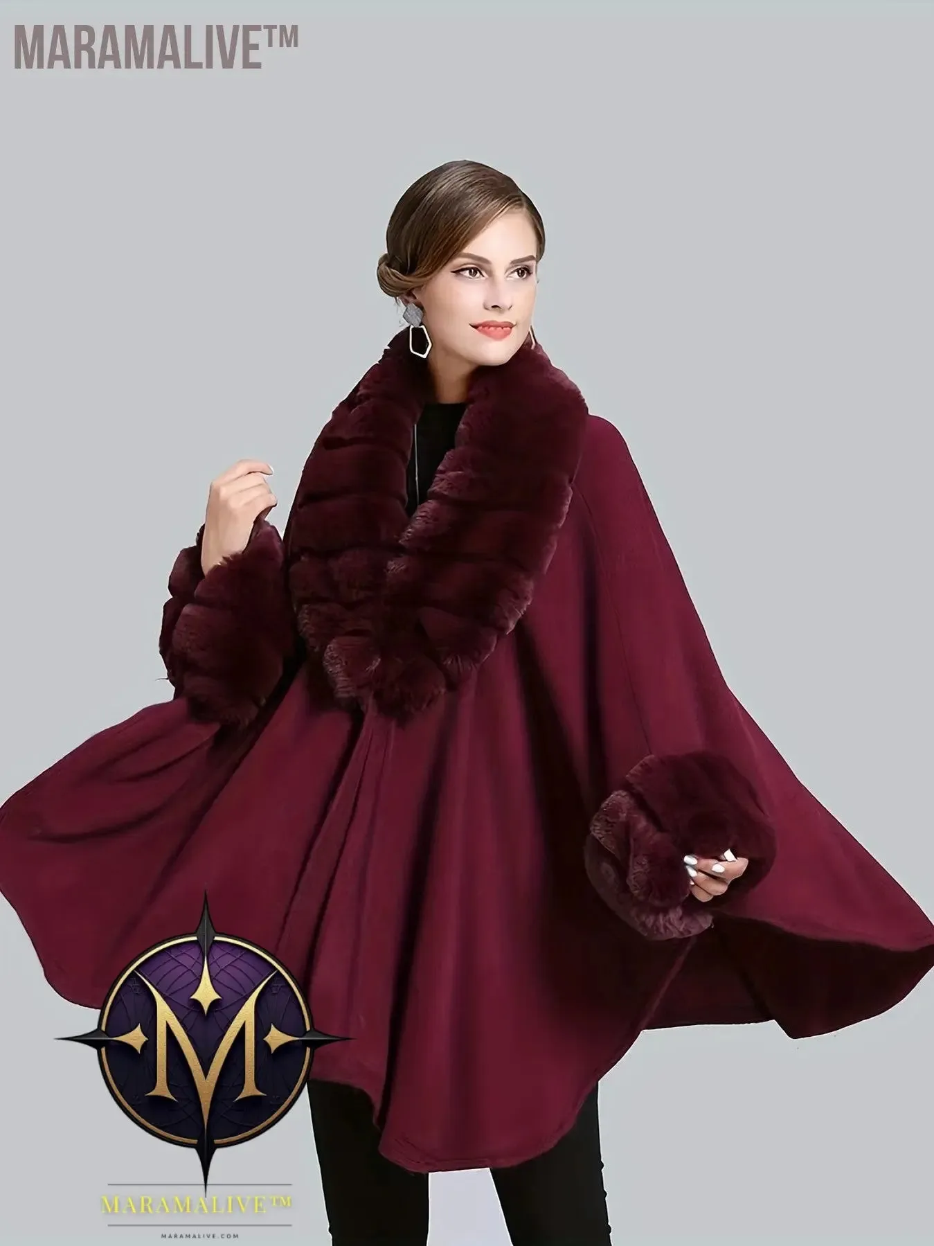 Faux Fur Trim Open Front Coat, Elegant Batwing Sleeve Cape For Fall & Winter, Women's Clothing