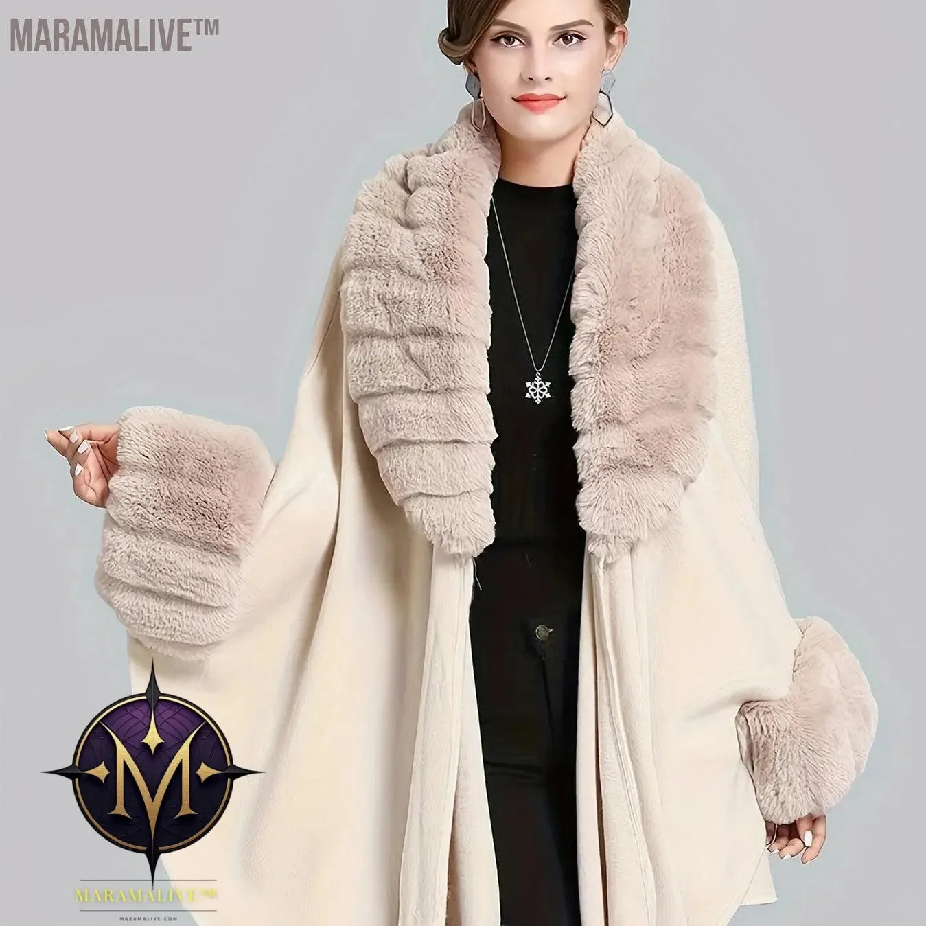 Faux Fur Trim Open Front Coat, Elegant Batwing Sleeve Cape For Fall & Winter, Women's Clothing