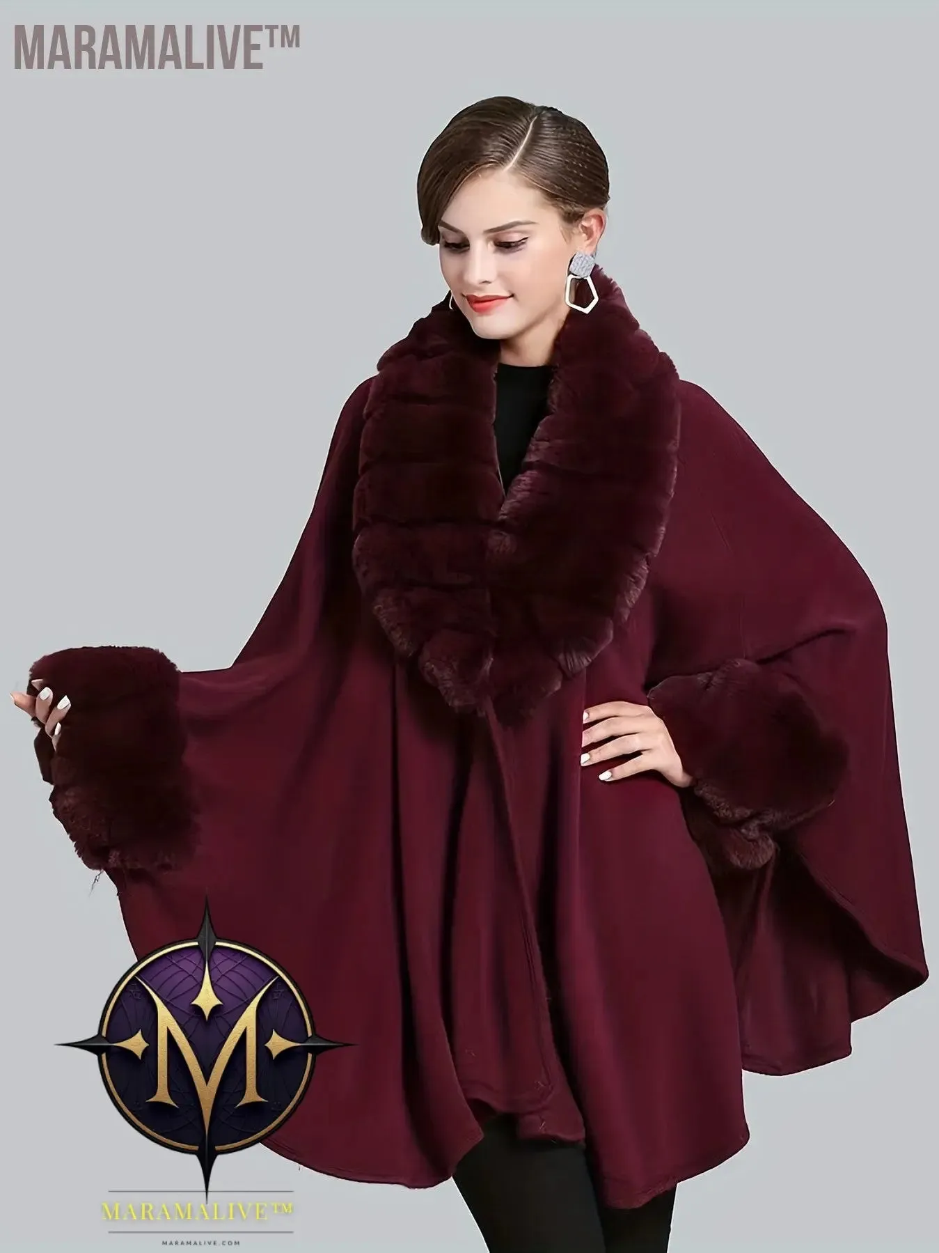 Faux Fur Trim Open Front Coat, Elegant Batwing Sleeve Cape For Fall & Winter, Women's Clothing
