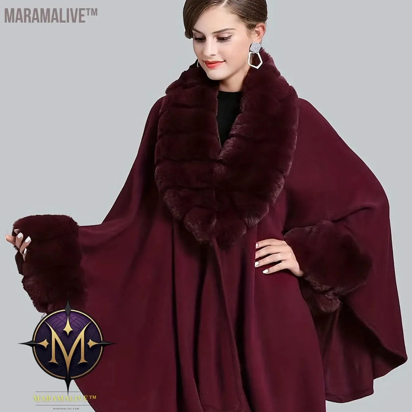 Faux Fur Trim Open Front Coat, Elegant Batwing Sleeve Cape For Fall & Winter, Women's Clothing