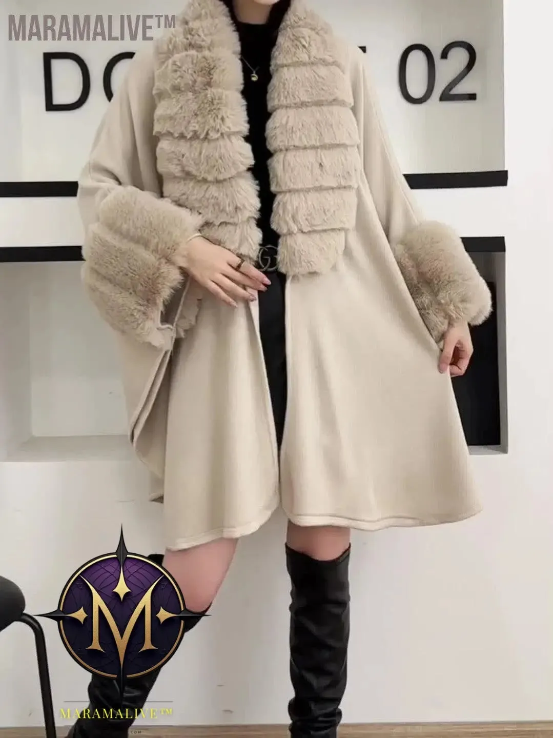 Faux Fur Trim Open Front Coat, Elegant Batwing Sleeve Cape For Fall & Winter, Women's Clothing