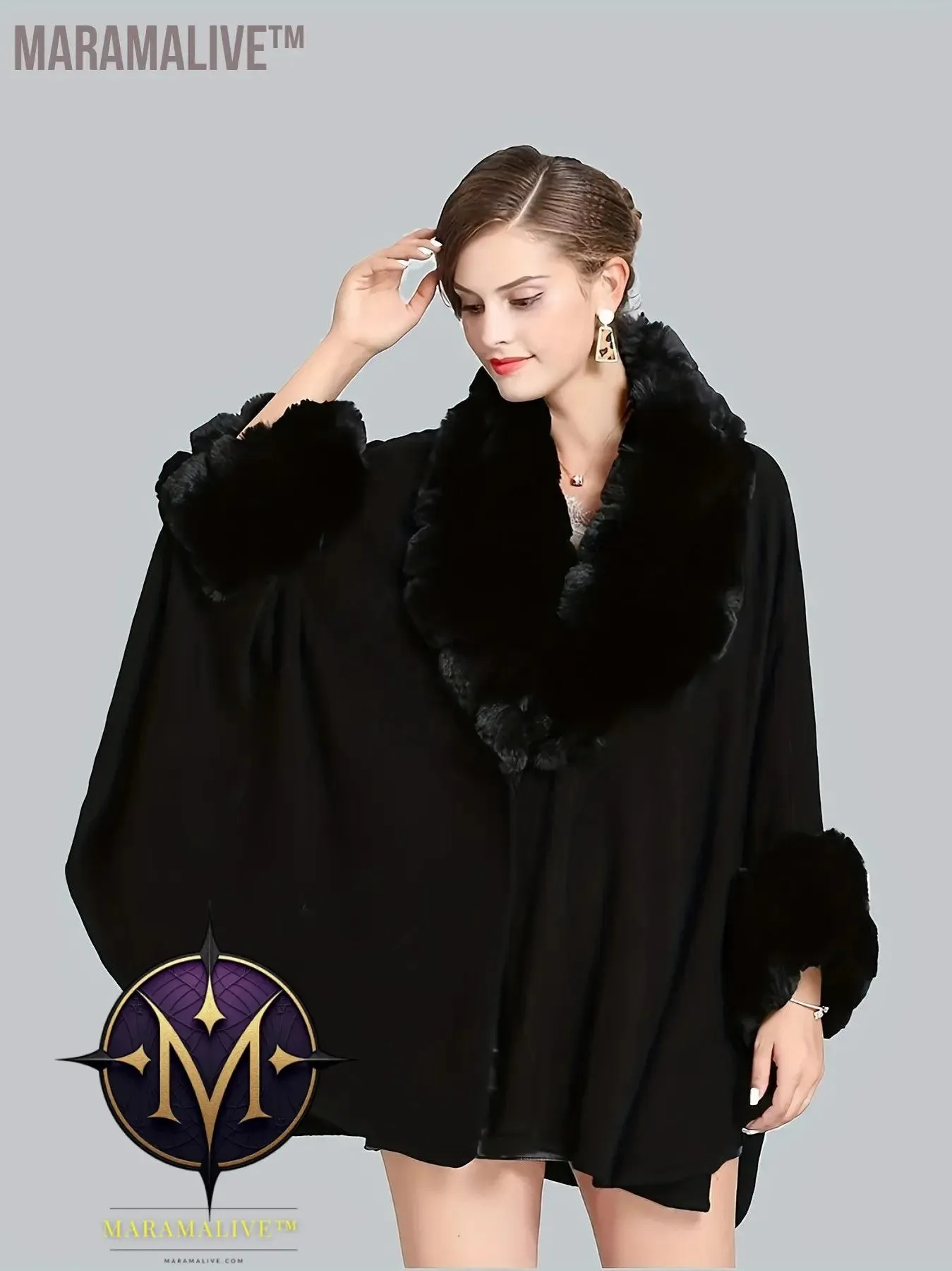 Faux Fur Trim Open Front Coat, Elegant Batwing Sleeve Cape For Fall & Winter, Women's Clothing