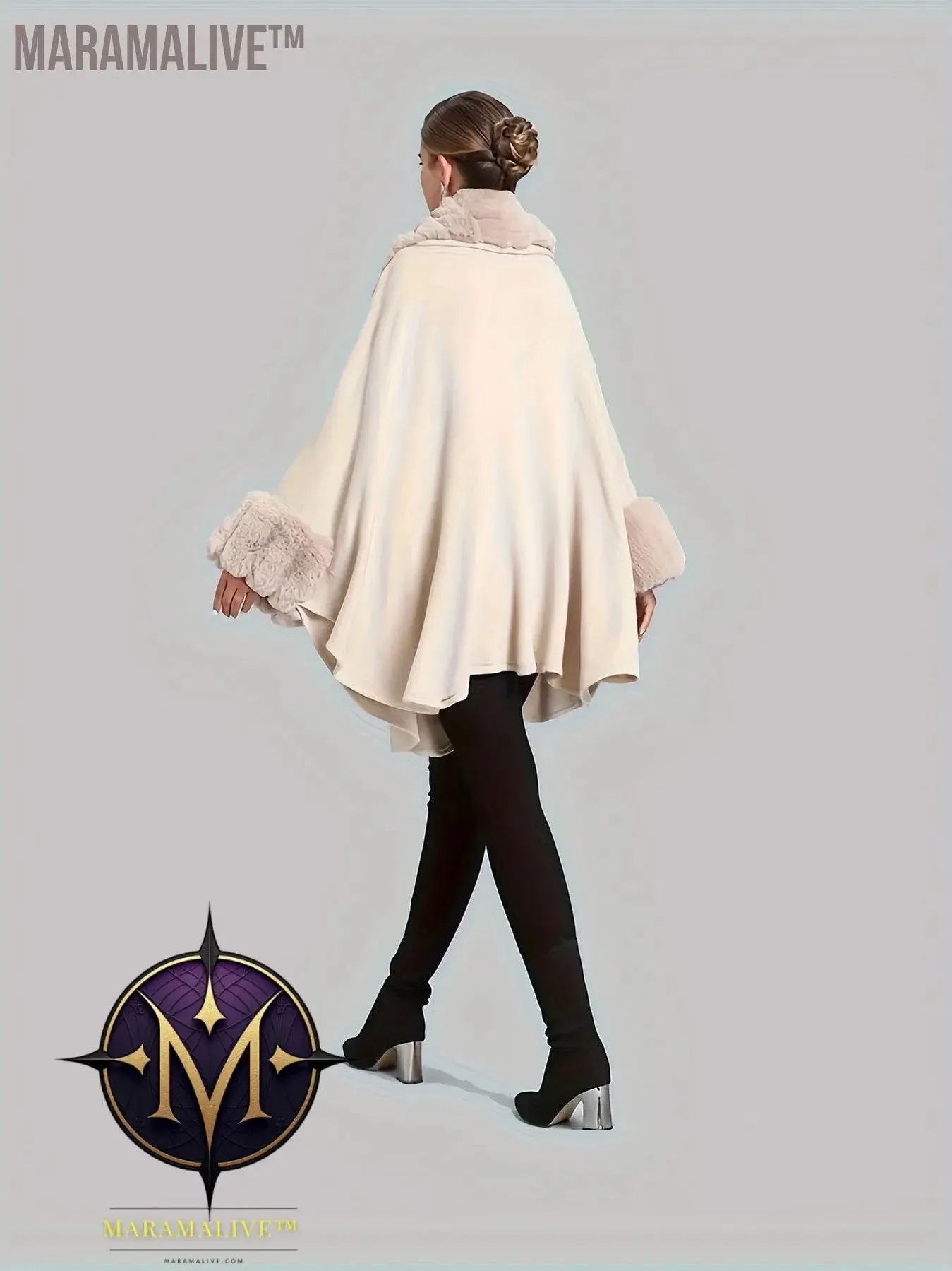 Faux Fur Trim Open Front Coat, Elegant Batwing Sleeve Cape For Fall & Winter, Women's Clothing