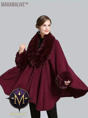 Faux Fur Trim Open Front Coat, Elegant Batwing Sleeve Cape For Fall & Winter, Women's Clothing