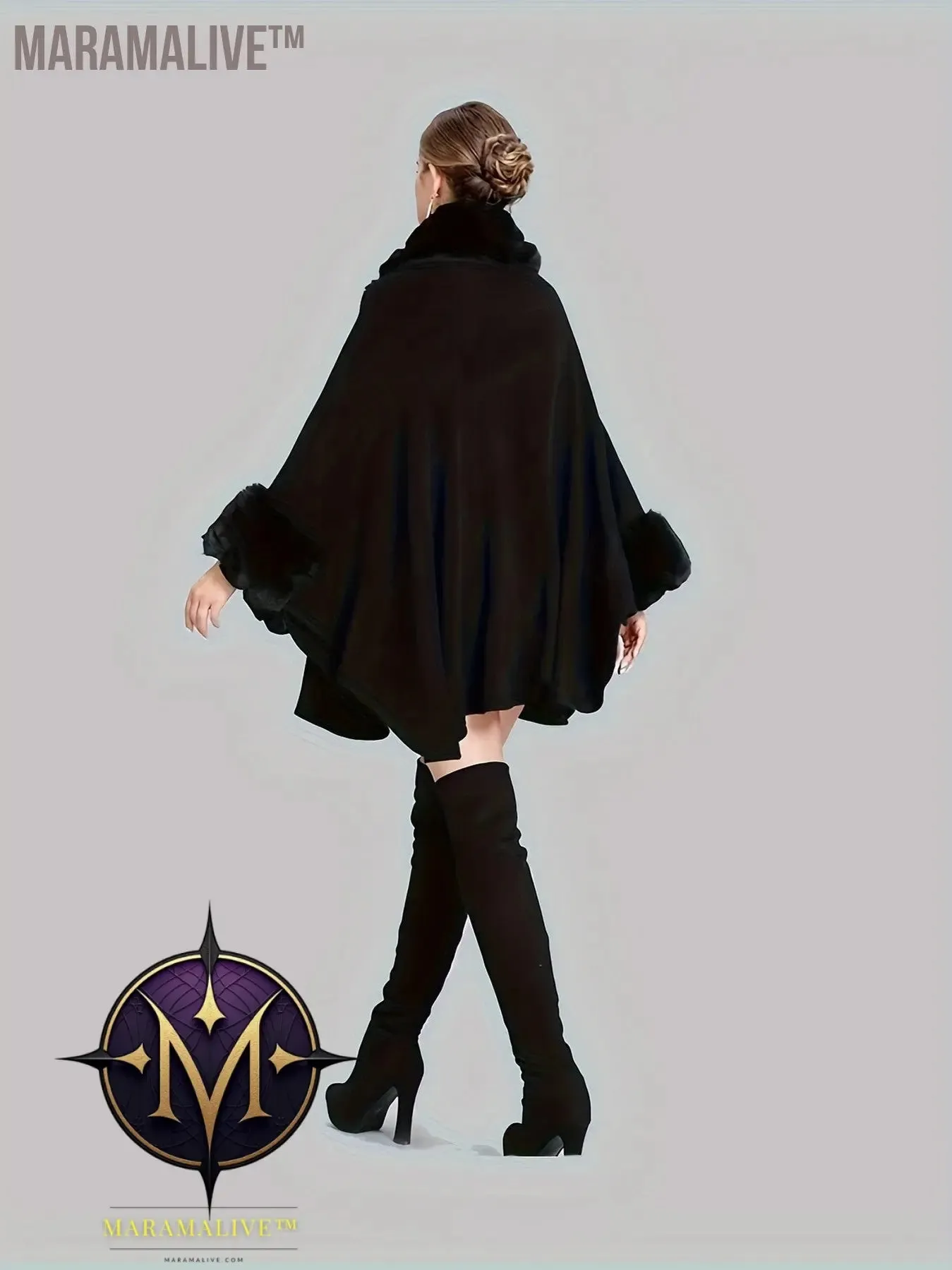 Faux Fur Trim Open Front Coat, Elegant Batwing Sleeve Cape For Fall & Winter, Women's Clothing