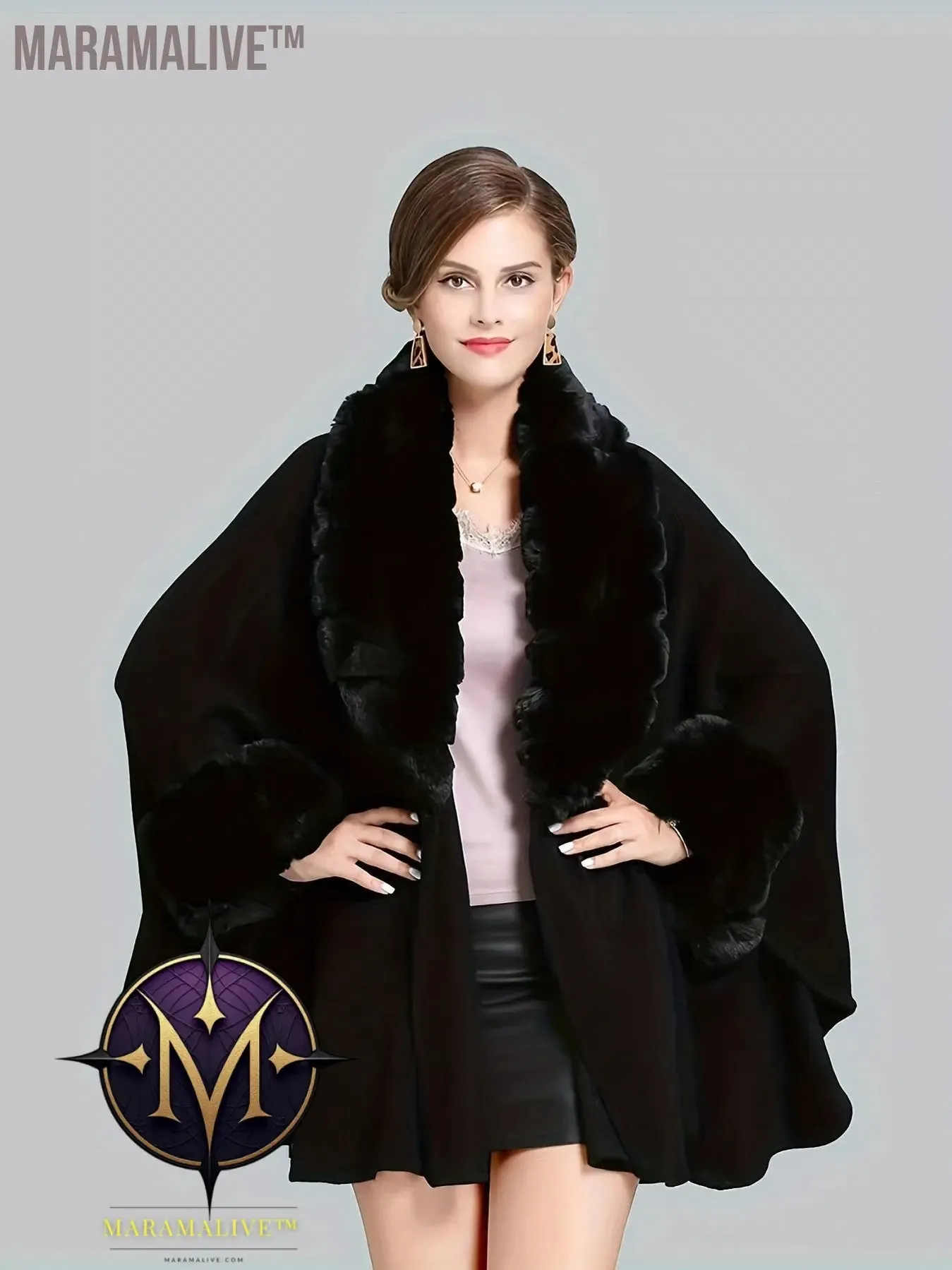 Faux Fur Trim Open Front Coat, Elegant Batwing Sleeve Cape For Fall & Winter, Women's Clothing