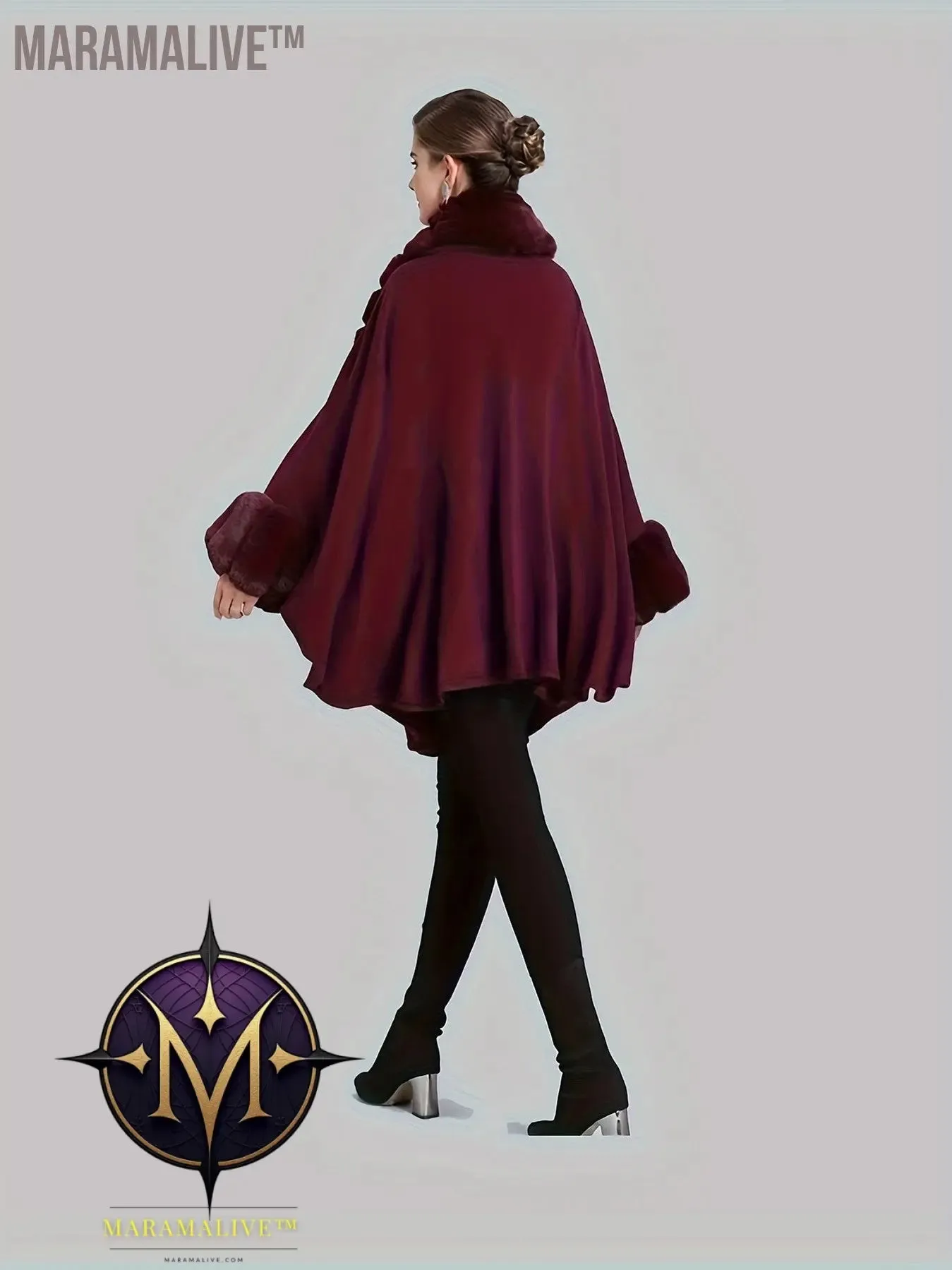 Faux Fur Trim Open Front Coat, Elegant Batwing Sleeve Cape For Fall & Winter, Women's Clothing