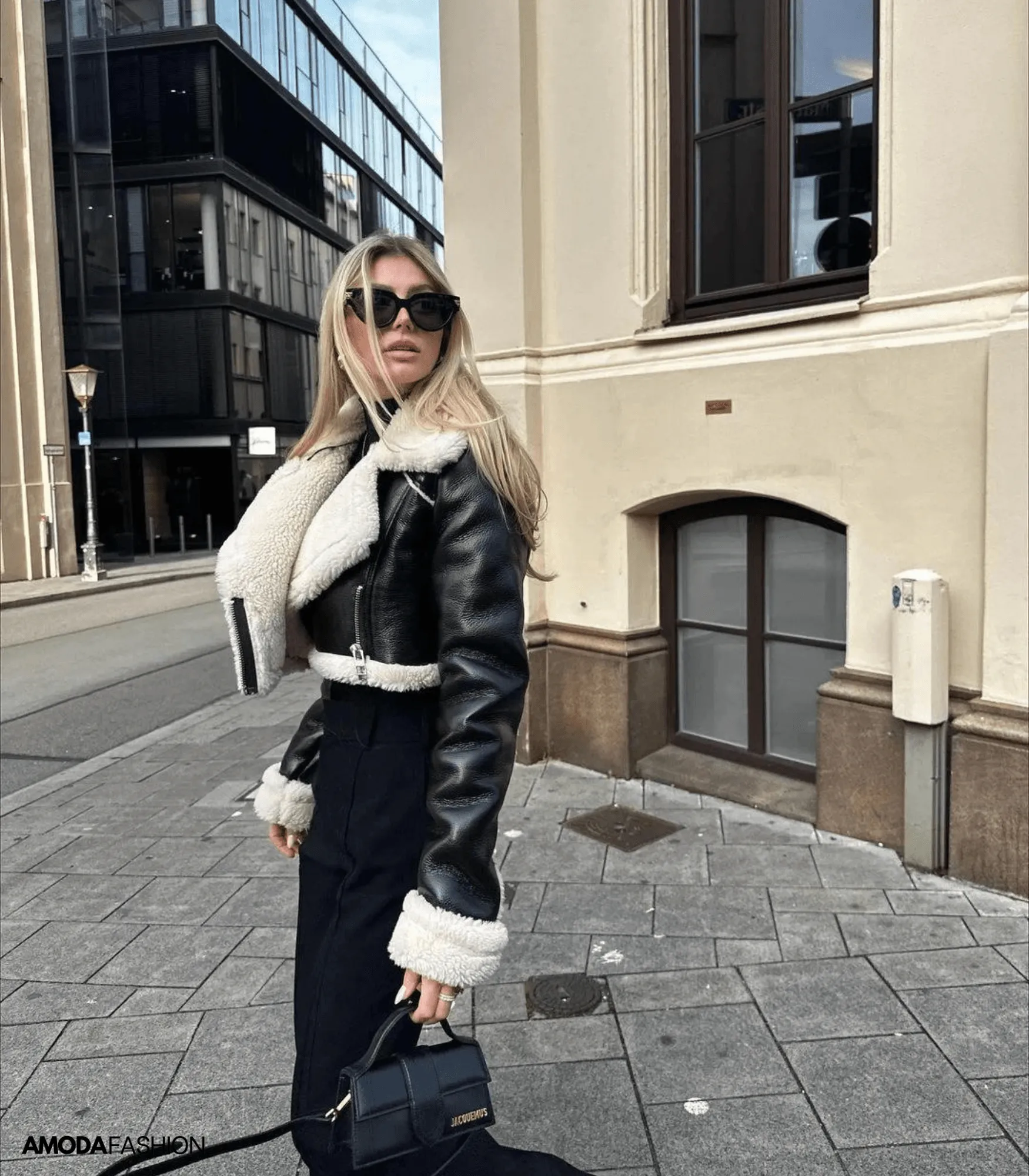 Faux leather-like teddy jacket with crop top