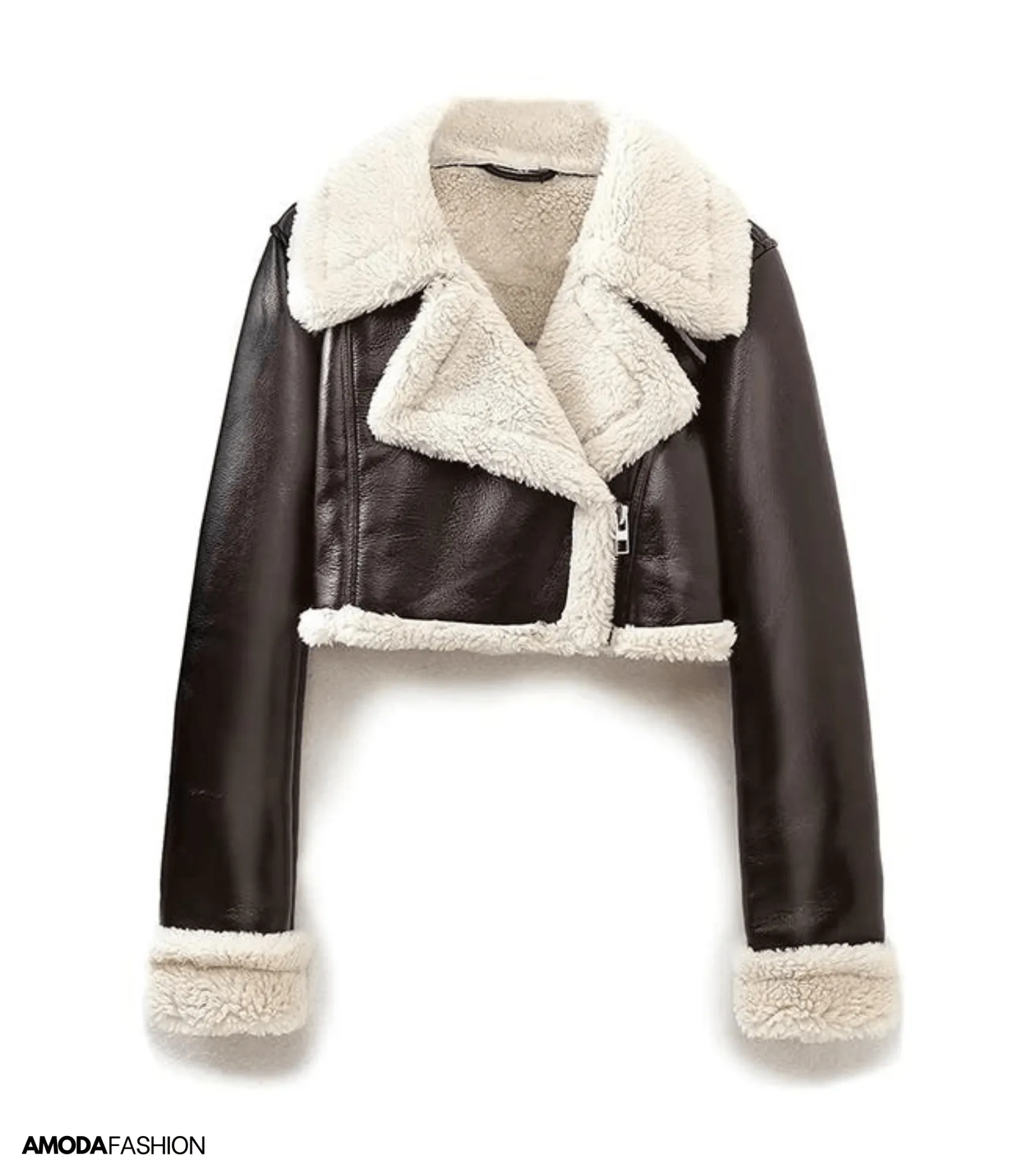 Faux leather-like teddy jacket with crop top