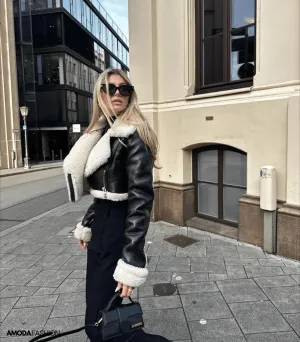 Faux leather-like teddy jacket with crop top