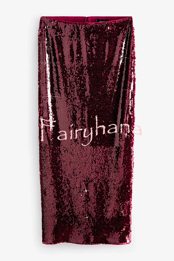 Feeling Festive Texture Sequin Elastic Waist Slit Maxi Skirt