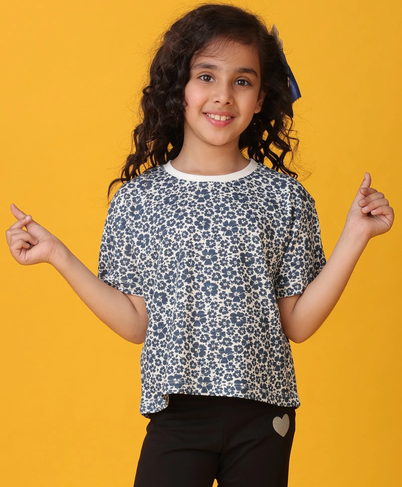 FLORAL BLUE SHORT SLEEVES GIRLS T-SHIRT - BLUE