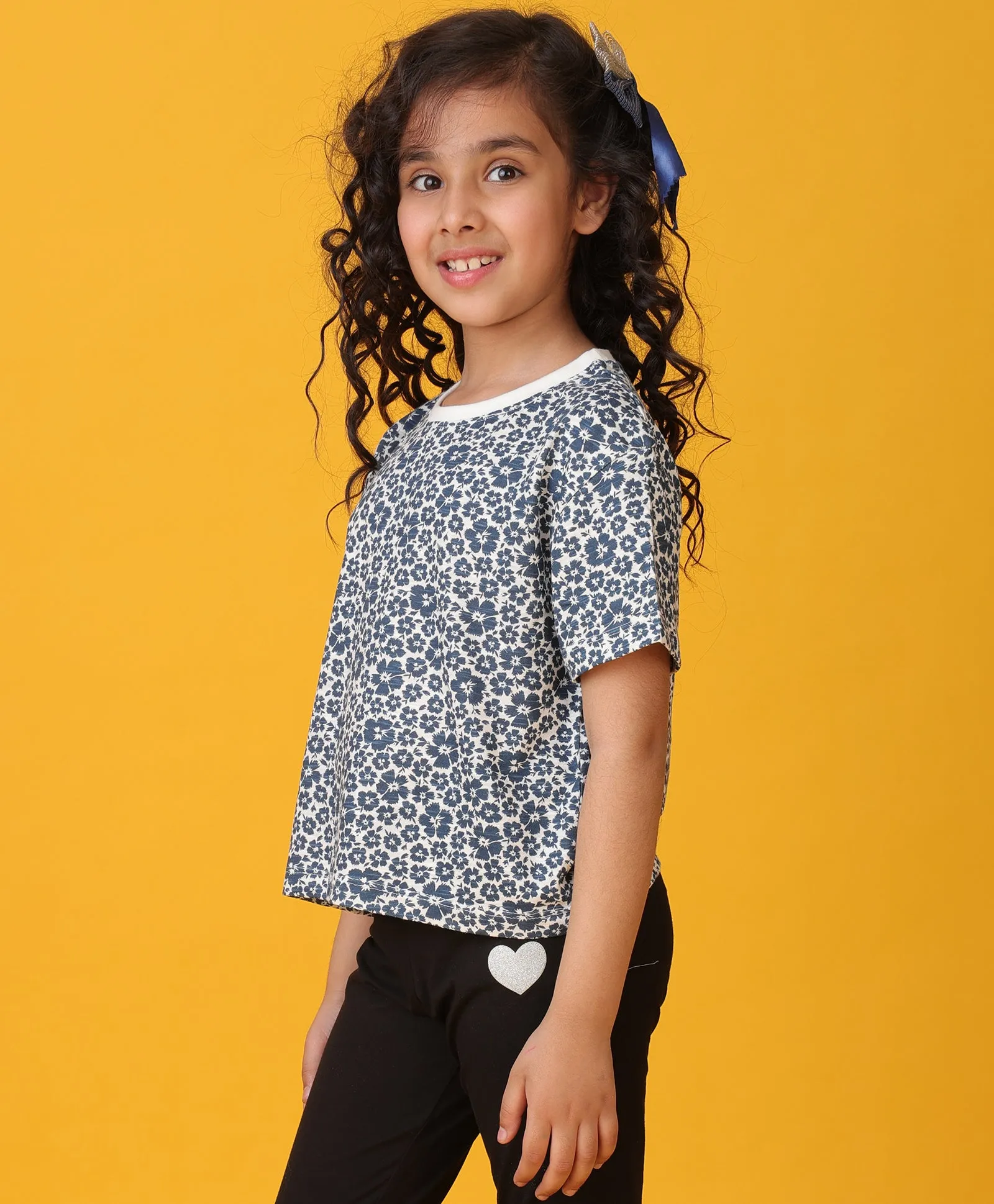 FLORAL BLUE SHORT SLEEVES GIRLS T-SHIRT - BLUE