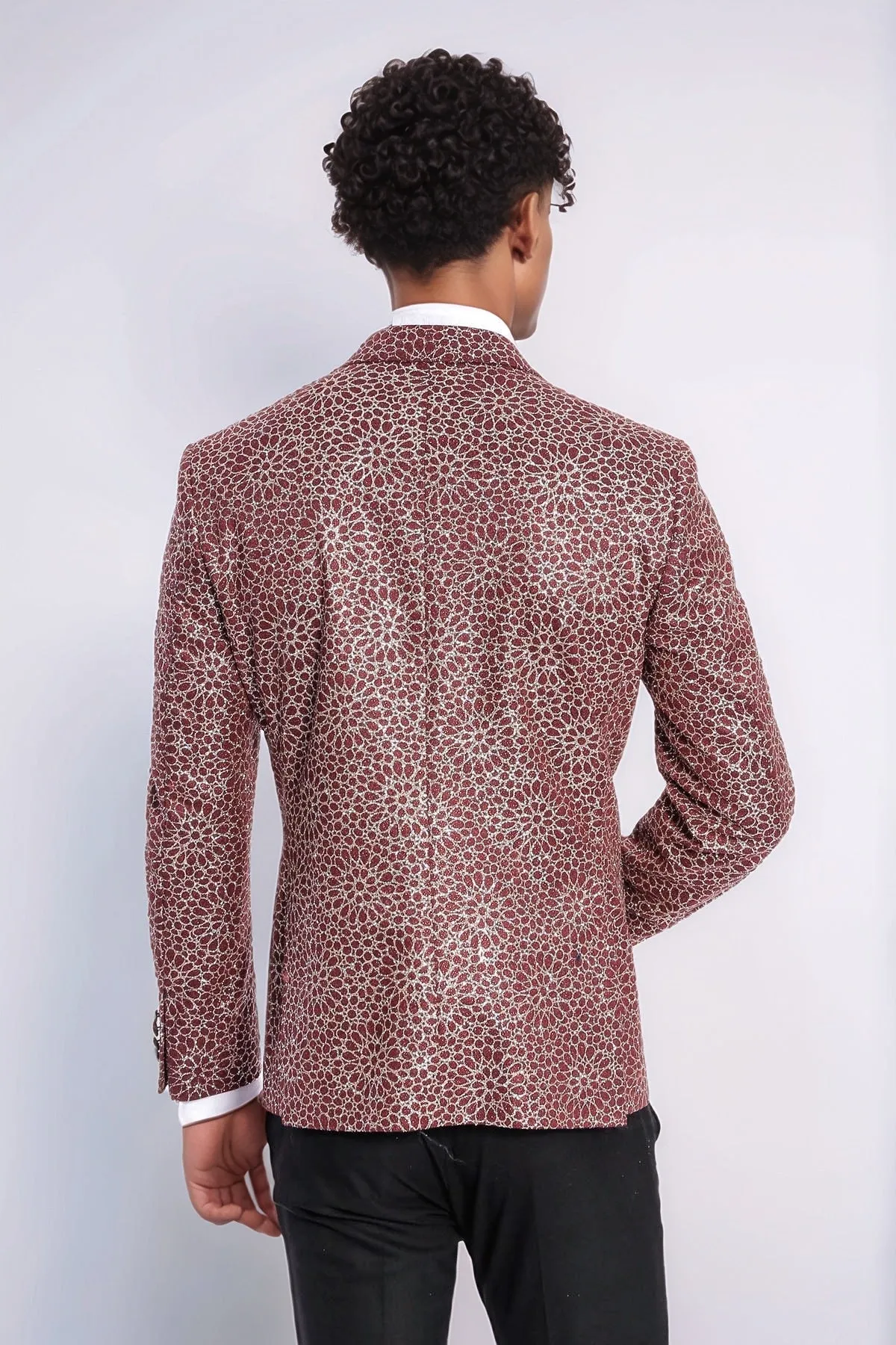 Flower Embroidered Pattern Burgundy Men Prom Blazer - Wessi