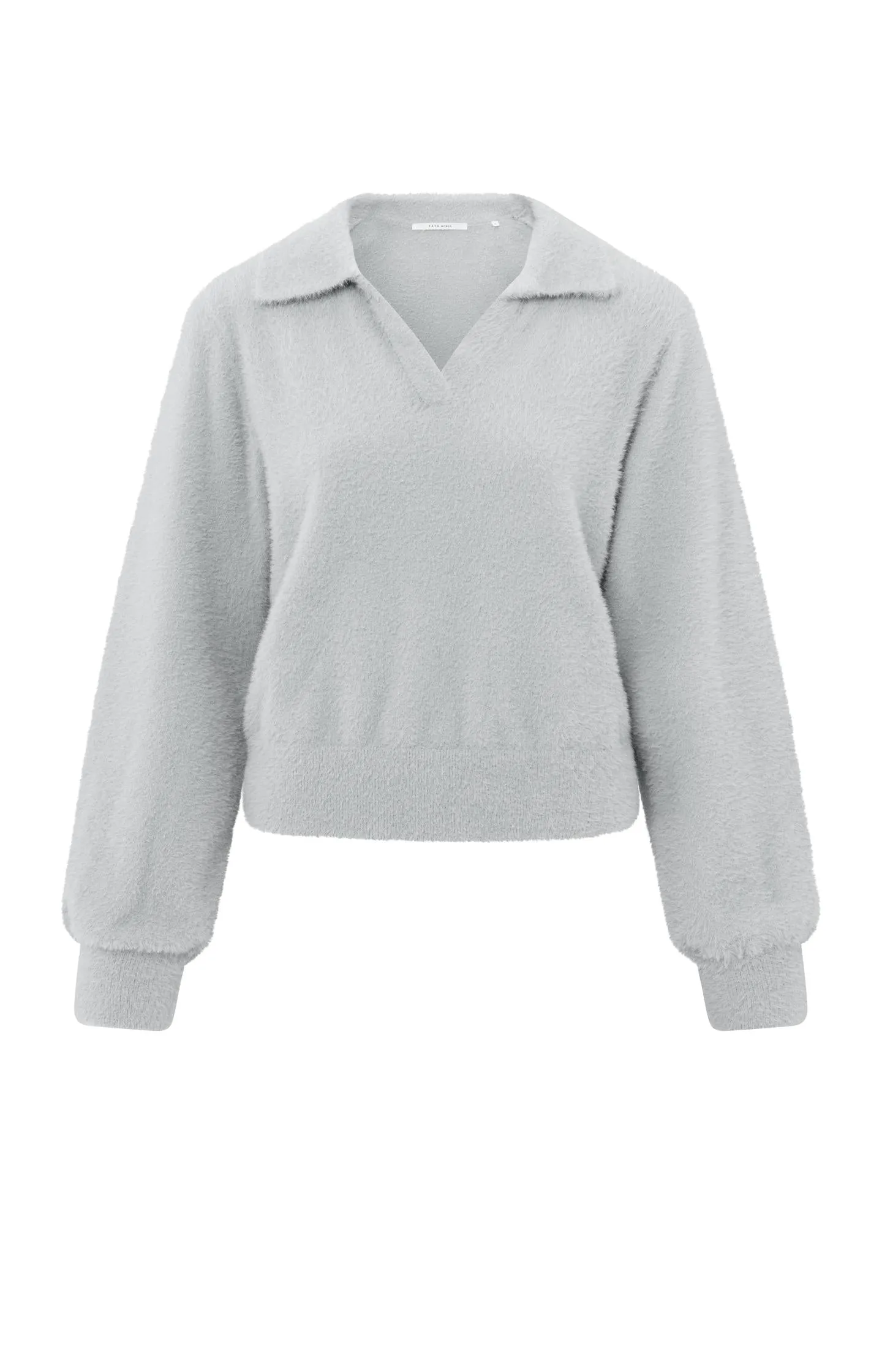 Fluffy polo sweater with classic collar and V-neck