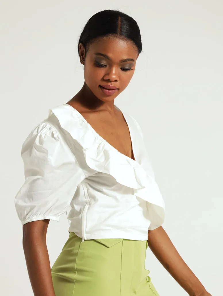 Frill Neck Wrap Top - Cream