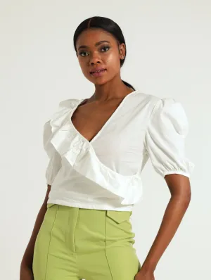 Frill Neck Wrap Top - Cream