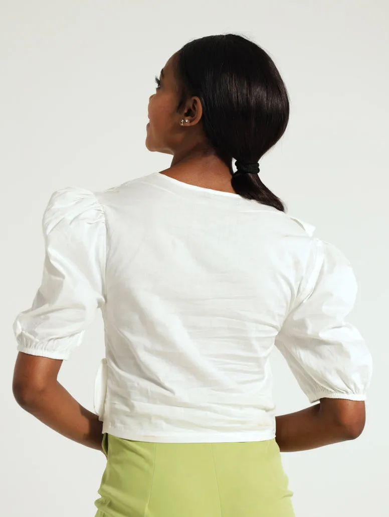 Frill Neck Wrap Top - Cream