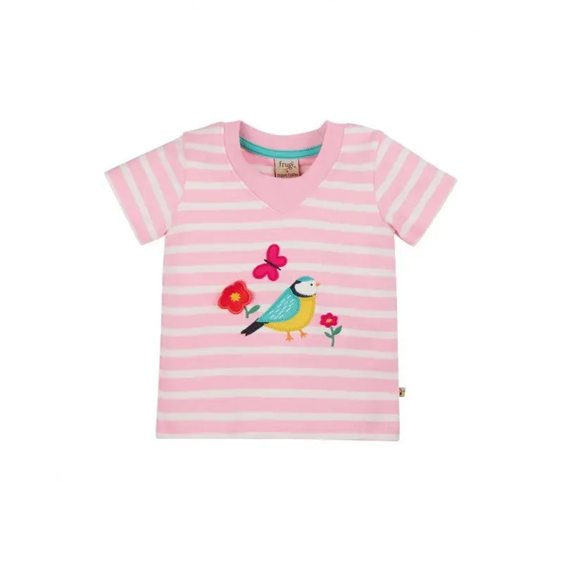 Frugi Easy On Tee - Twin Flower Pink Stripe Bird