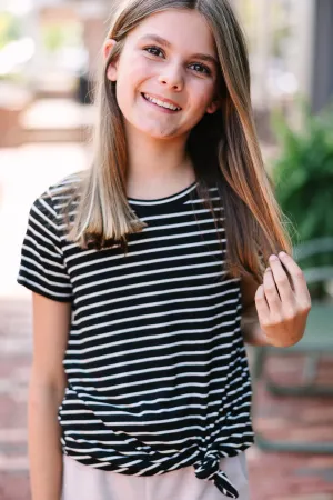 Girls: Let's Meet Later Black and White Striped Top