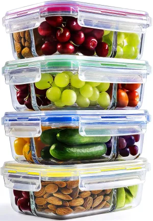 Glass Meal Prep Containers - 4-Pack 2 Compartment Food Storage Containers with Divider to the Top, 35oz. Includes Leak Proof Sauce Cups and Label Set | Microwave, Freezer, Oven & Dishwasher Safe