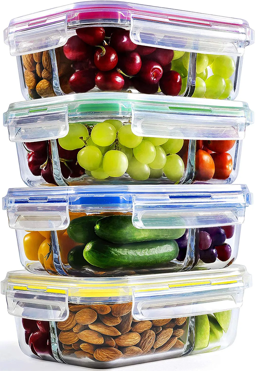 Glass Meal Prep Containers - 4-Pack 2 Compartment Food Storage Containers with Divider to the Top, 35oz. Includes Leak Proof Sauce Cups and Label Set | Microwave, Freezer, Oven & Dishwasher Safe