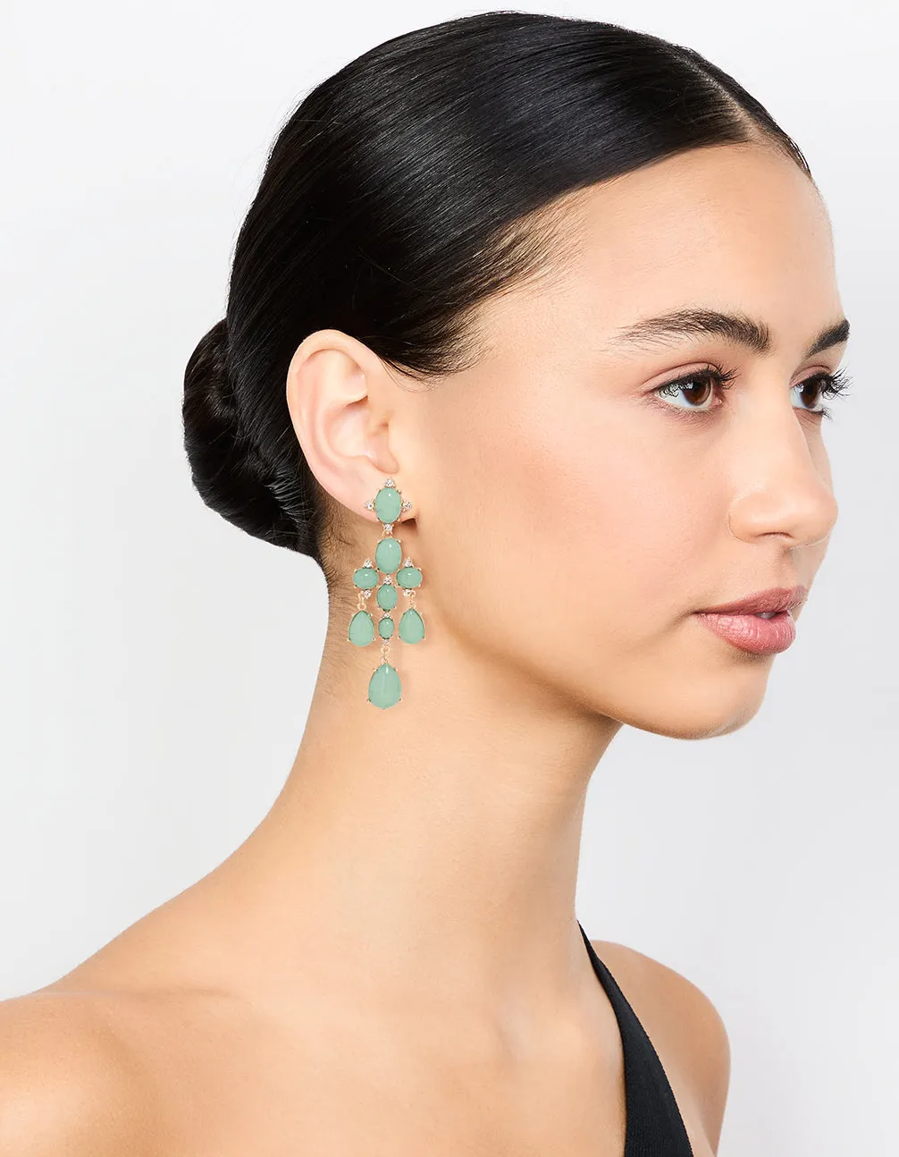Gold Green Stone Tiered Drop Earrings