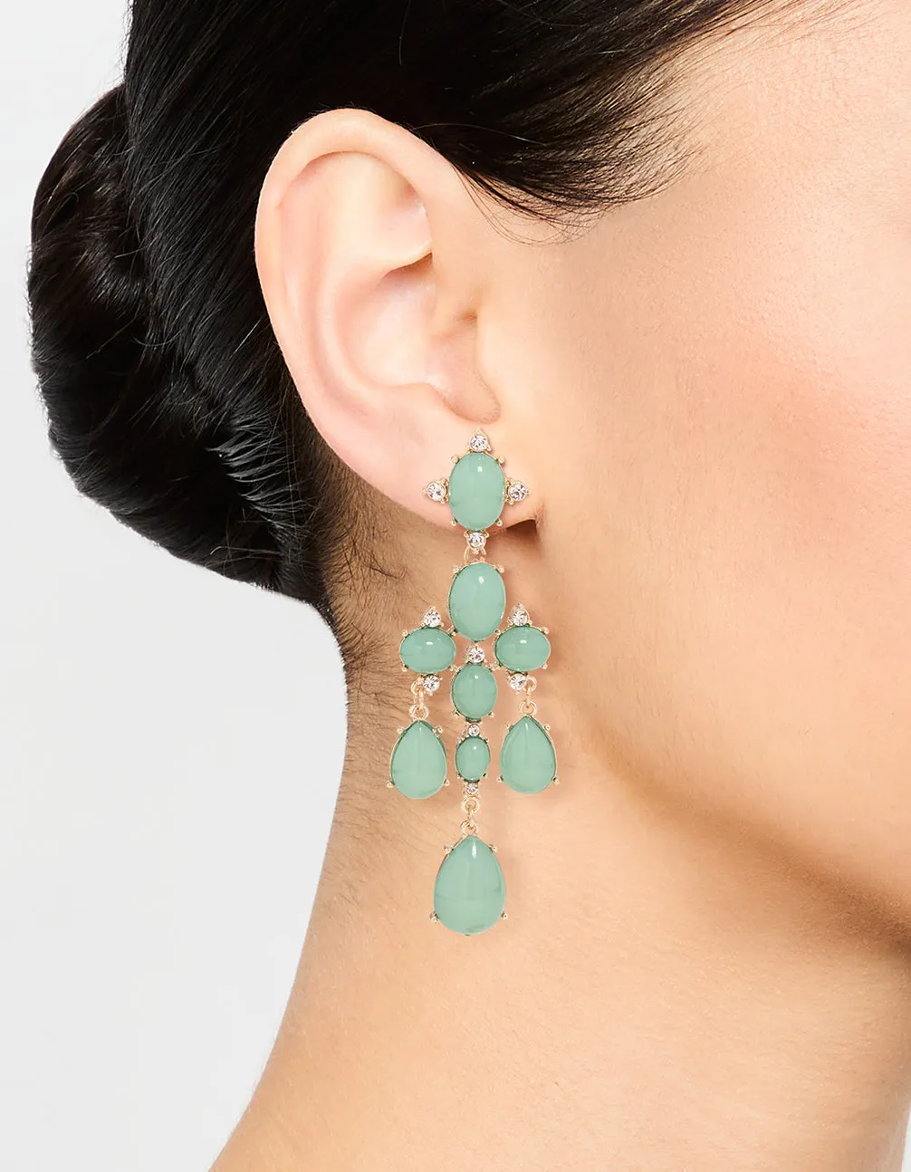 Gold Green Stone Tiered Drop Earrings