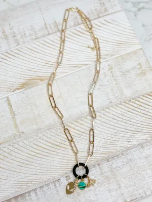 Gold Paperclip Silicone Ring Charm Necklace - Black