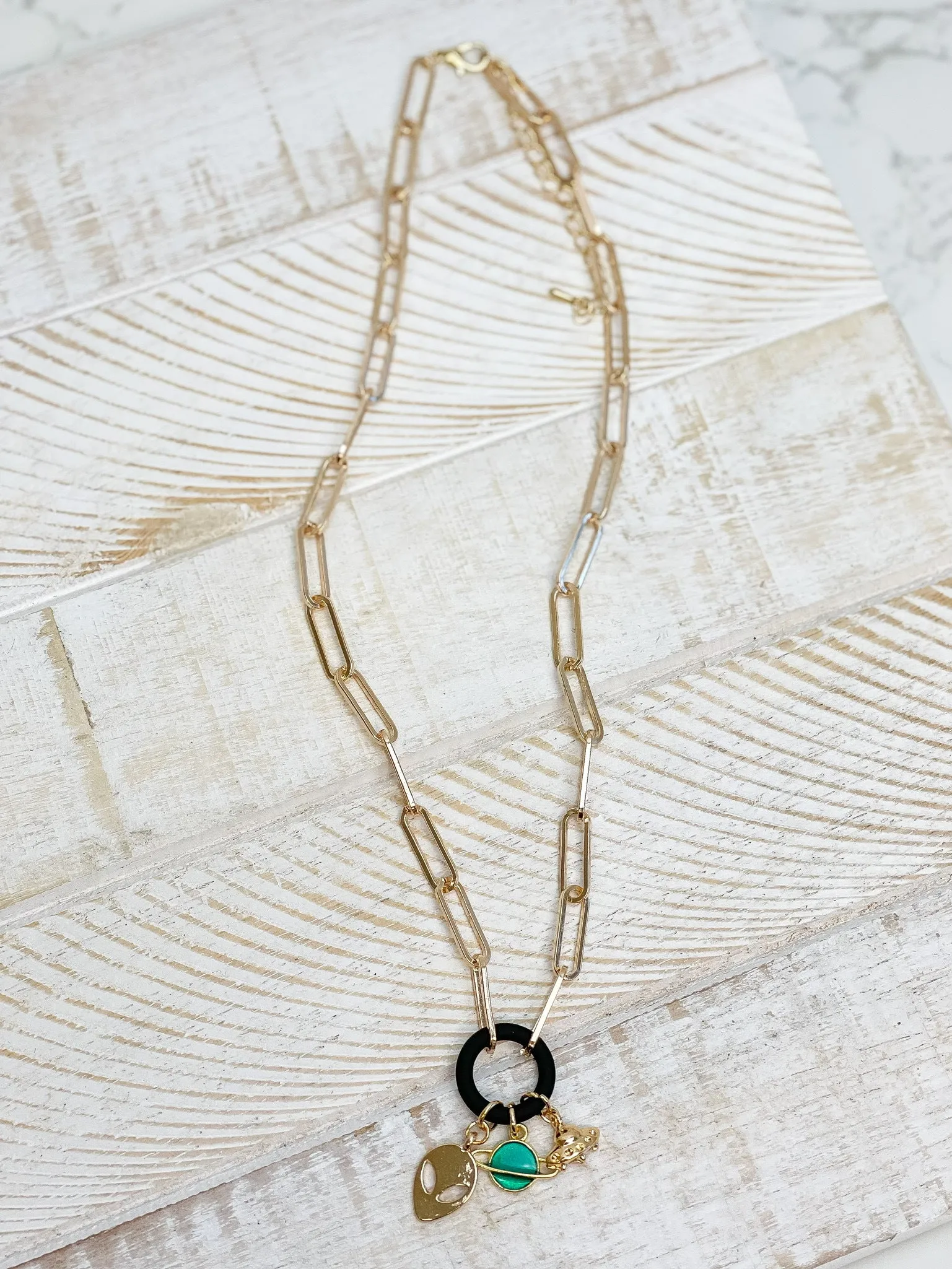 Gold Paperclip Silicone Ring Charm Necklace - Black