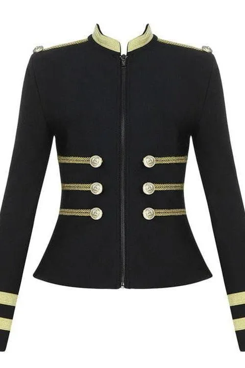 Gold Wire Decorative Buttons Long Sleeve Black Jacket