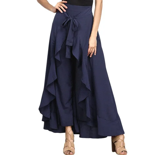 goosudu Women Palazzo Pants  Causal Ruffle Drawstring Trouser Elegant High Waist Irregular Loose Pure Color Autumn Female Pant Skirt