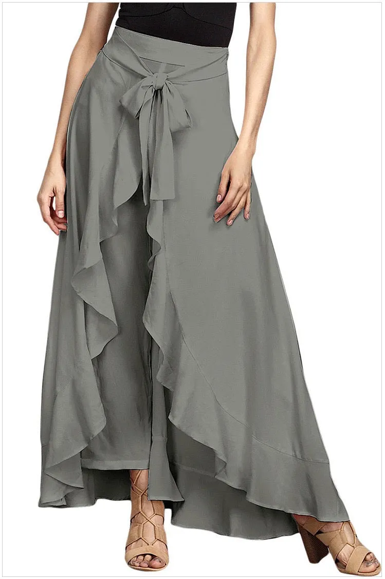 goosudu Women Palazzo Pants  Causal Ruffle Drawstring Trouser Elegant High Waist Irregular Loose Pure Color Autumn Female Pant Skirt