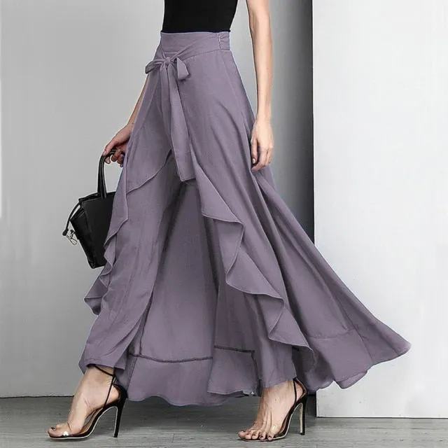 goosudu Women Palazzo Pants  Causal Ruffle Drawstring Trouser Elegant High Waist Irregular Loose Pure Color Autumn Female Pant Skirt