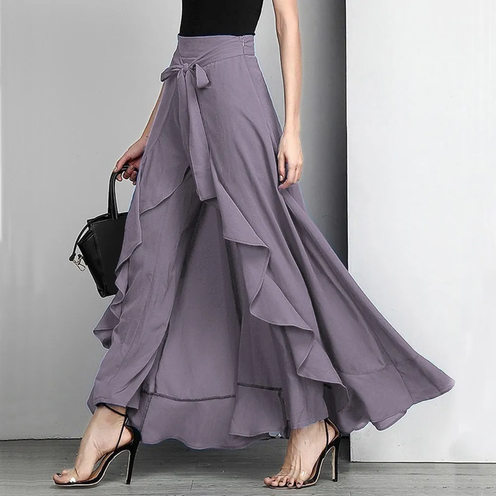 goosudu Women Palazzo Pants  Causal Ruffle Drawstring Trouser Elegant High Waist Irregular Loose Pure Color Autumn Female Pant Skirt