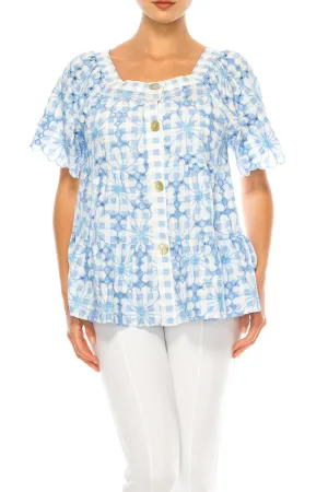 Grand & Greene Checkered Floral Embroidered Top