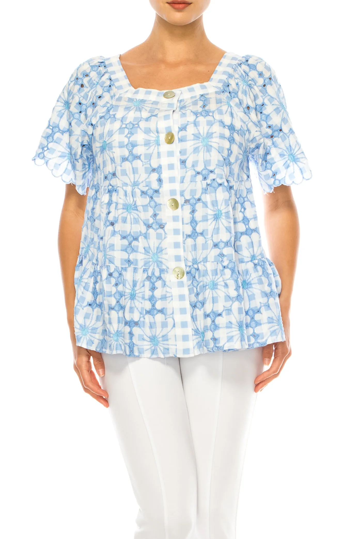 Grand & Greene Checkered Floral Embroidered Top