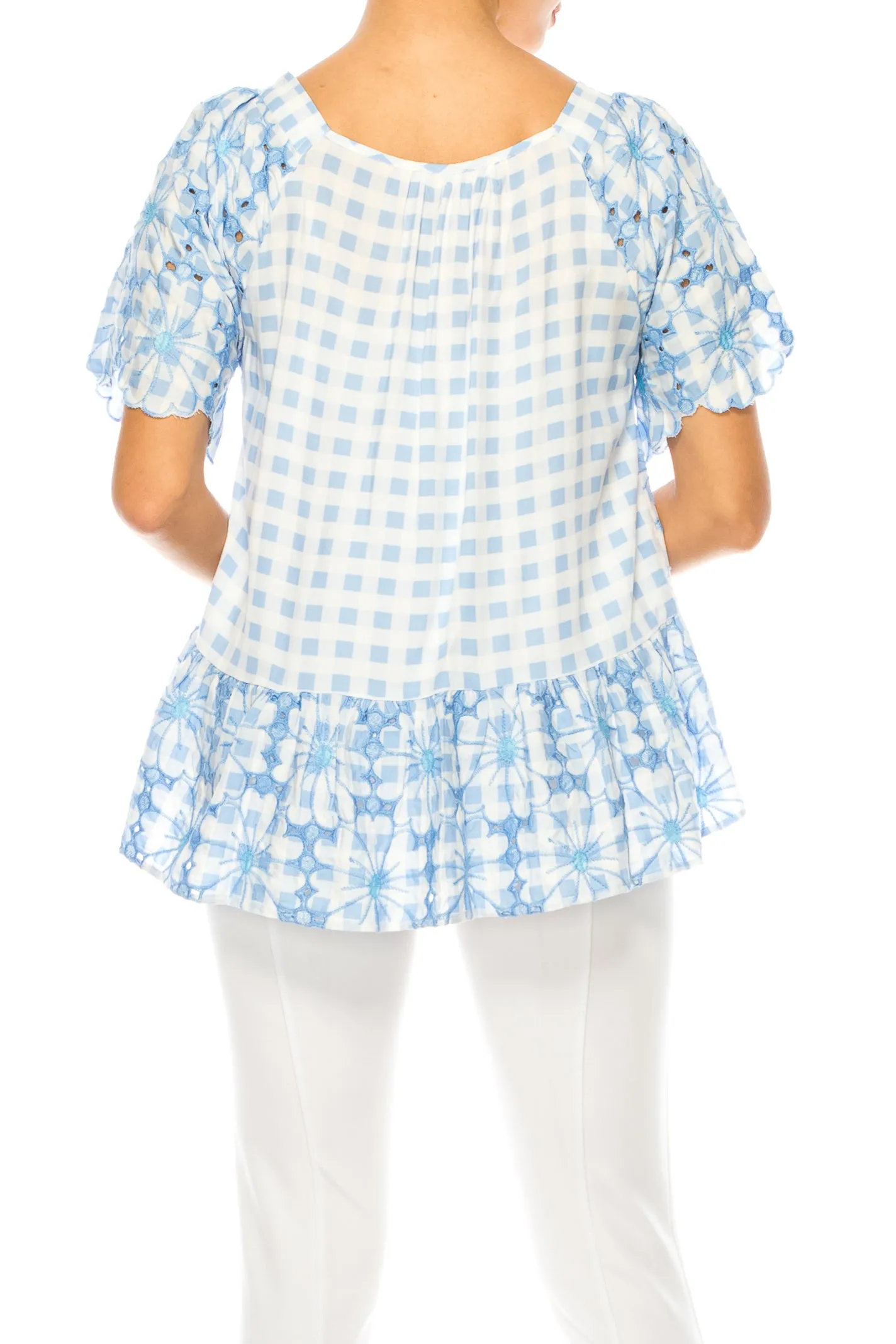 Grand & Greene Checkered Floral Embroidered Top