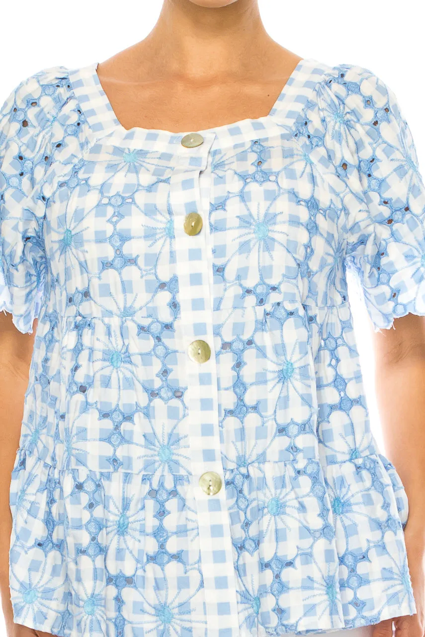 Grand & Greene Checkered Floral Embroidered Top