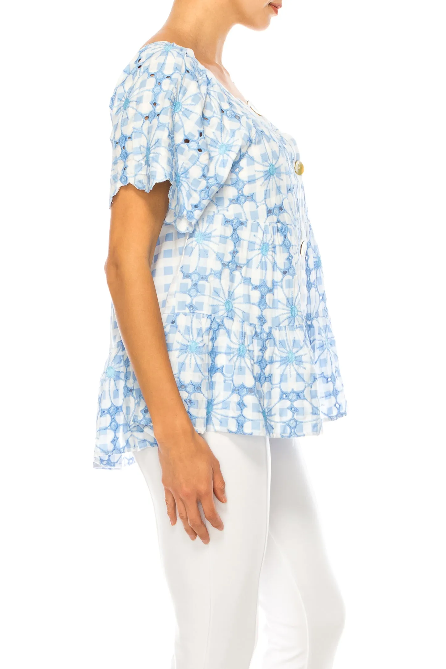 Grand & Greene Checkered Floral Embroidered Top
