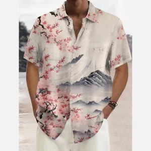 Hawaiian Sakura Ukiyoe Mount Fuji 3D Print Short Sleeve Shirt 2411008676